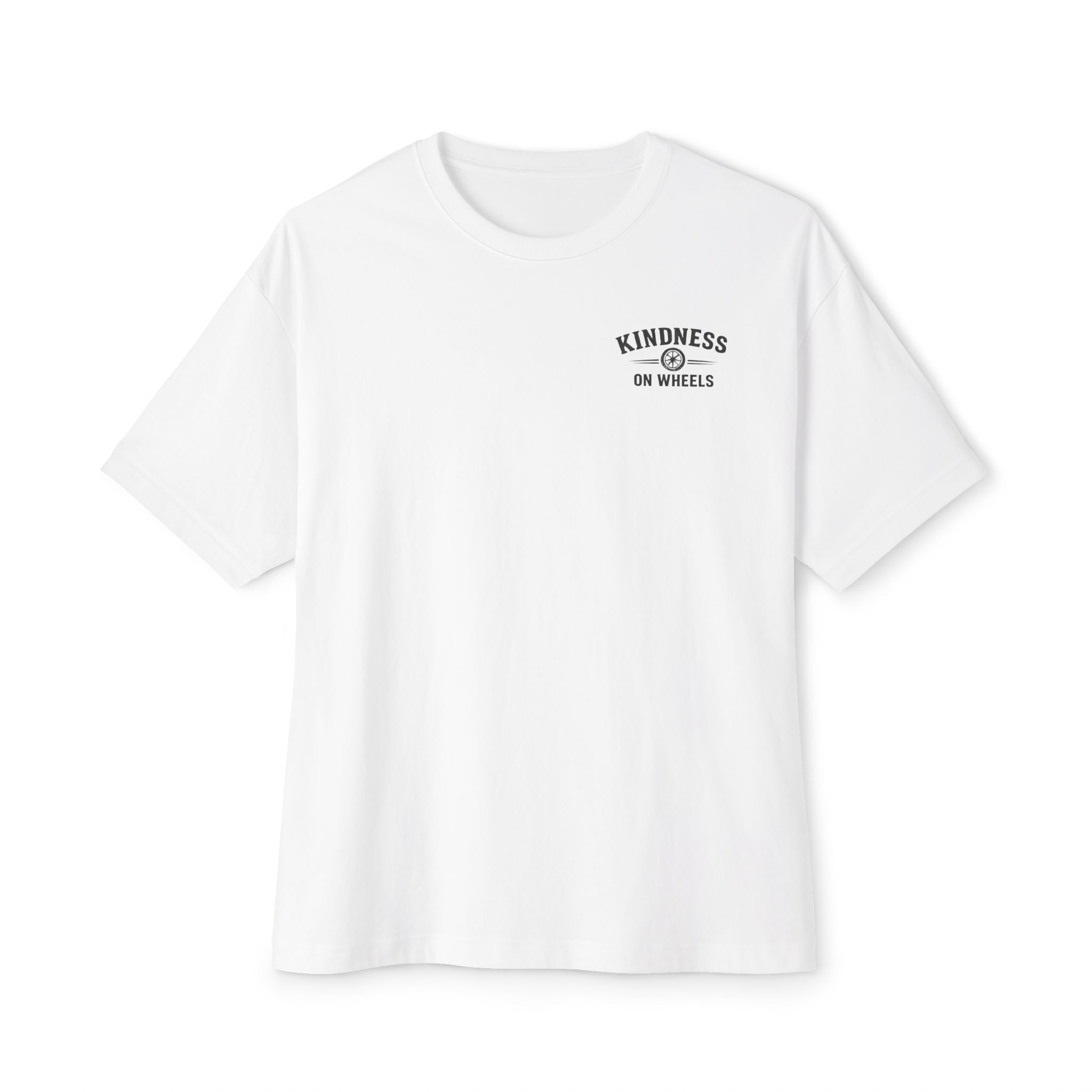 Kindness on Wheels Tee | Small Chest Logo, White Oversized Shirt