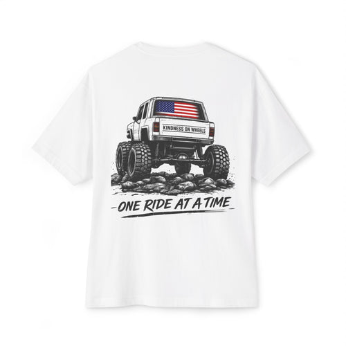 Kindness on Wheels Tee | Small Chest Logo, White Oversized Shirt